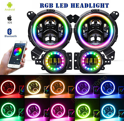#ad 9quot; RGB LED Halo Headlights 4quot; Fog Lights Combo Kit For Jeep Wrangler JL 2018 UP