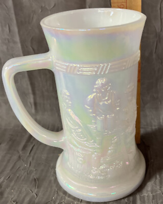 Vintage Federal Iridescent Carnival Glass White Beer Stein Tavern Scene Mug