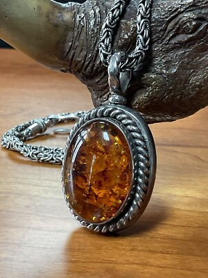 #ad BALTIC STERLING SILVER amp; NATURAL AMBER PENDANT W 18quot; HEAVY BALTIC CHAIN; 55grms