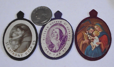#ad Vtg 3pc scapular badge Holy Family St Anthony help us Blessed Mother of Sorrows