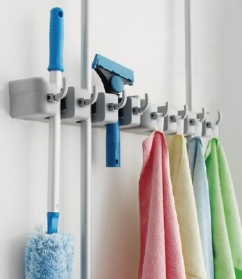 #ad Wall Mounted Mop and Broom Holder 5 Position with 6 Hooks Garage Storage Holds