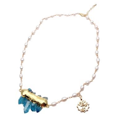 #ad Cultured White Pearl Blue Quartz Druzy Choker Necklace Female Jewelry