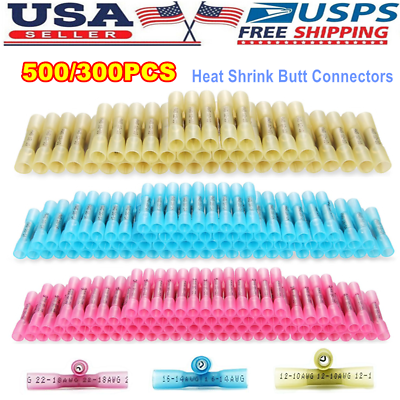 #ad 500 300pcs 22 10AWG Heat Shrink Butt Wire Splice Connectors Seal Crimp Terminals