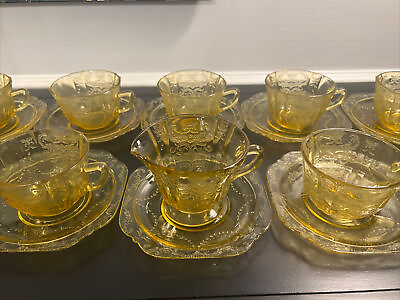 #ad #ad Set of 10 1930#x27;s Federal Amber Yellow Madrid Depression Glass Tea Cups Saucers