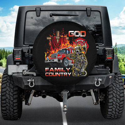 #ad Firefighter Spare Tire Cover God Cross Family Country Wheel Cover Truck Jeep Dad
