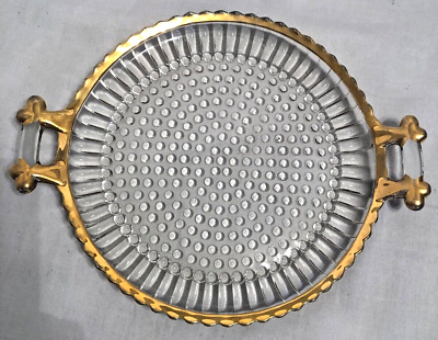#ad Vintage Hobnail 7.75quot; Serving Plate Clear Gold Accent Outer edge and Handle.
