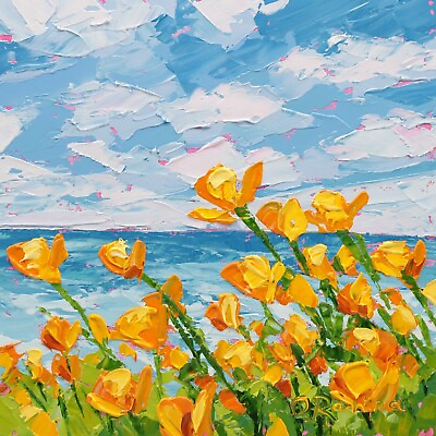 #ad California Poppies along the Pacific Coast Original Oil Painting Impasto Poppy