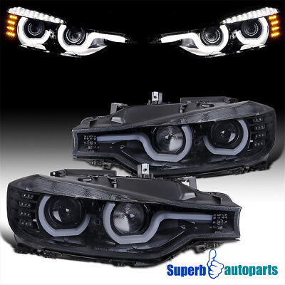 #ad Fits 2012 2015 BMW F30 3 Series LED U Rings Black Smoke Projector Headlights