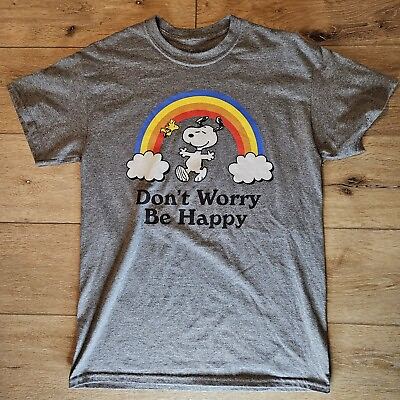 #ad PEANUTS Official SNOOPY And WOODSTOCK Don#x27;t Worry Be Happy Shirt RAINBOW Size M