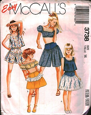 #ad 3738 Vintage McCalls SEWING Pattern Girls 1980s Culottes Top Skirt Summer Casual