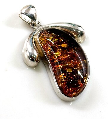 #ad 925 Solid Sterling Silver Cognac Baltic Amber Designer Large Beautiful Pendant