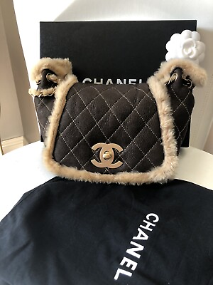 #ad Chanel Brown Shearling Bronze Quilted Leather GHW Rare Collectible W BOX amp; BAG